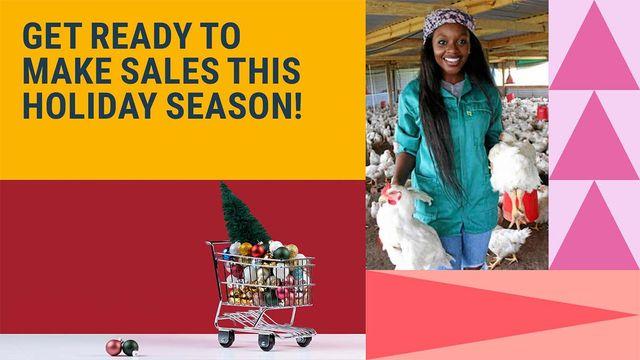 Visual of lady holding chickens and a side pic of a trolley with decos