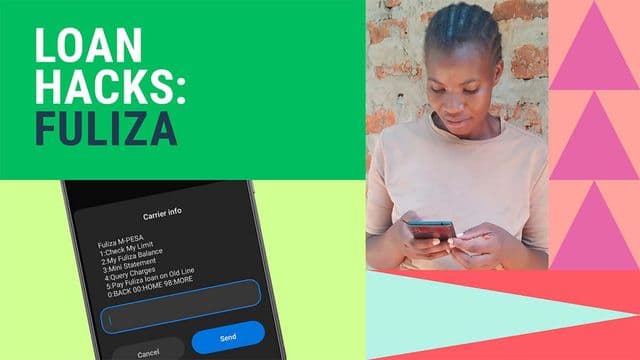 Visual text of fuliza loan hacks alongside a lady holding a phone