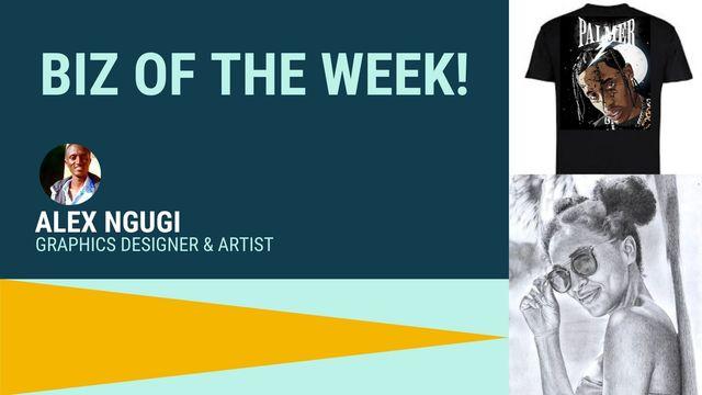 Visual of Alex Ngugi alongside printed shirt & drawing of a girl