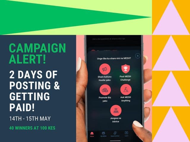 Visual text of campaign alert along side a phone showing MESH post bar