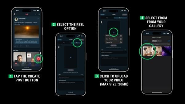 Visual screenshot on steps to upload reels