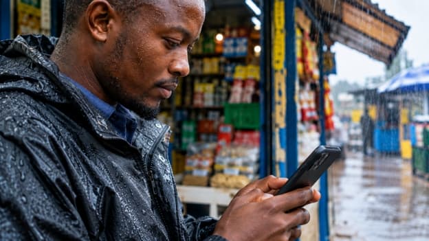 Visual of man checking his phone in the rain