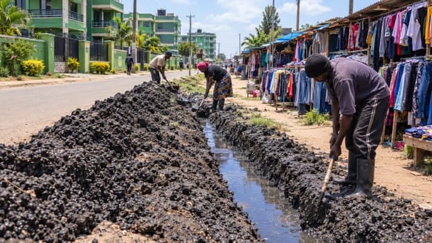 Visual of two men clearing drainage