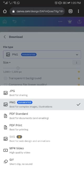 How to select JPEG or PNG formats on canva