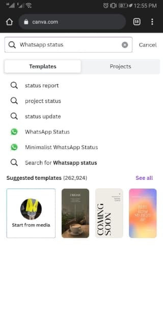 Search results for whatsapp status templates on canva
