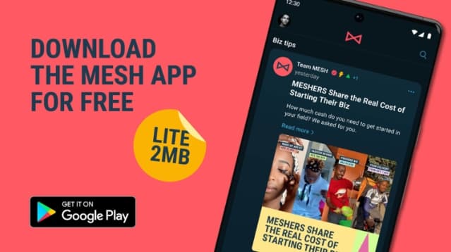 Text graphic of download MESH app on playstore, it's 2MB