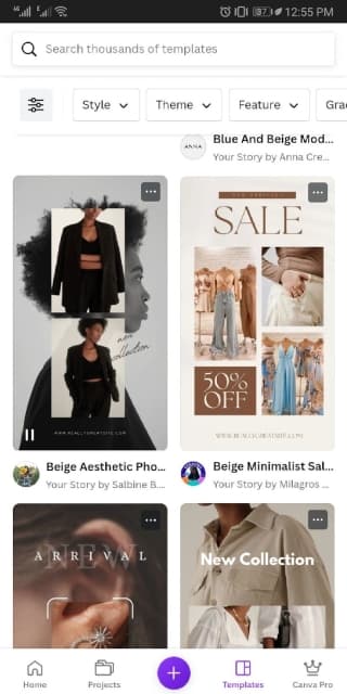 Resultson fashion related templates on Canva