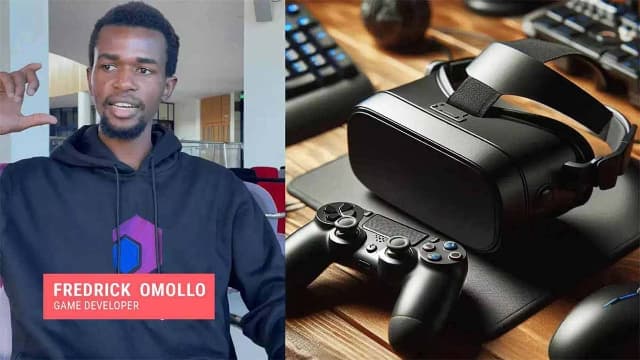 Graphic of game devoloper alongside 3D glasses