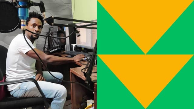 Man in a recording studio. On the right side, green-yellow shapes.