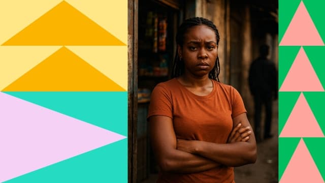 Visual of triangles alongside a lady