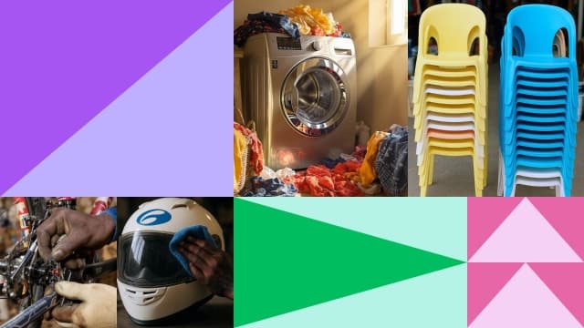 Visual of washing machine, chairs & helment