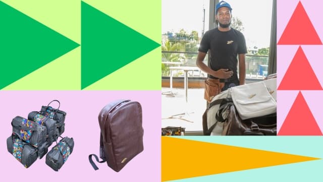 Visual of Neil Shem alongside bags he's designed