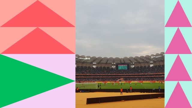 Visual of stadium with fans alongside triangles