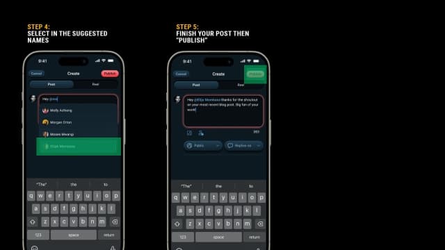 Screenshot steps of tagging a user