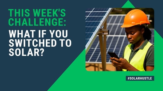 Visual text of challenge title alongside a lady installing solar