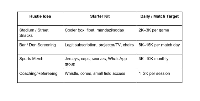 Screenshot of a table divided into hustle idea, starter kit and match target