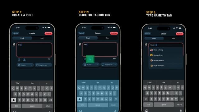 Screenshot steps of tagging a user