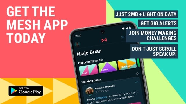 Visual text of Get the MESH App today on Play Store