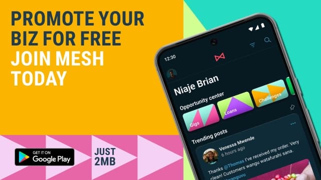 Visual text of download MESH App on playstore to promote your biz for free