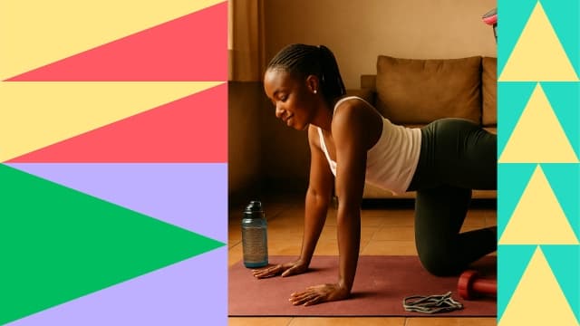 Visual of a lady doing yoga alongside triangles