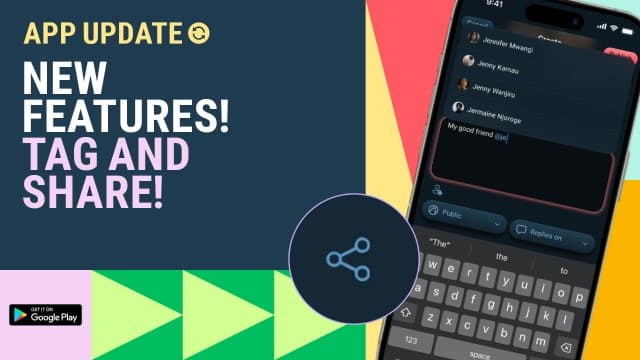 Visual text on New features tag & share with the share icon & tagging