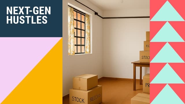Visual tex of Next Gen Hustles alongside a room with boxes
