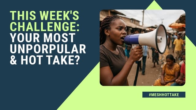 Visual text of challenge title alongside lady holding a speaker