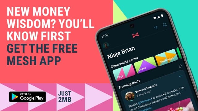 Visual text to download the MESH App & get New Money Wisdom