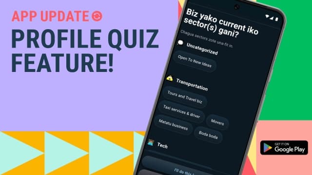 Visual text of Profile Quiz Feature with app screenshot