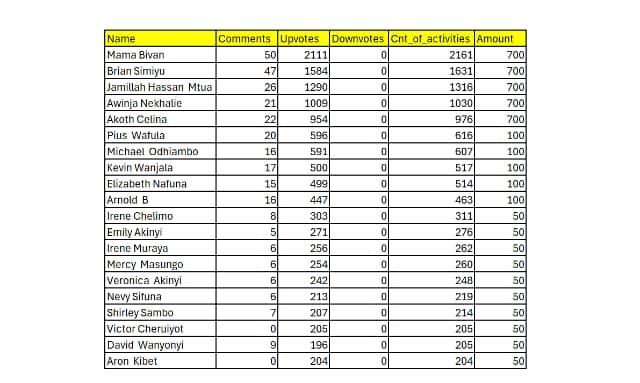Screenshot of names of all 20 challenge winners