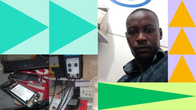 Visual of Charles alongside brocken phones & triangles